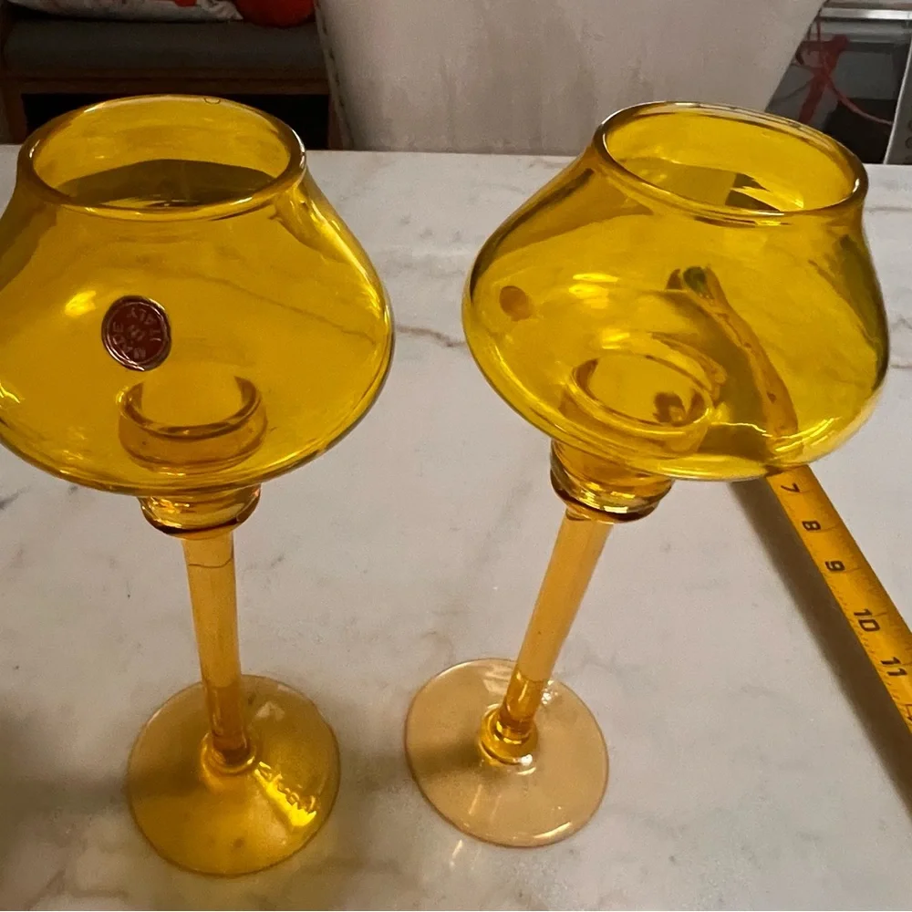 Set Of 2 Vintage Made In Italy Empoli Hand Blown Yellow Glass Candle Sticks